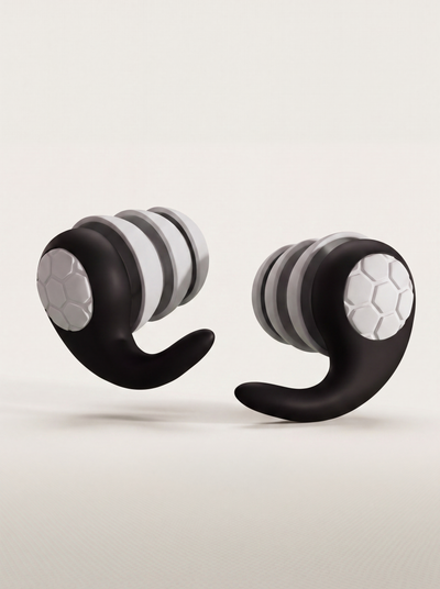 RESFIT Silicone Ear Plugs black and white pair with honeycomb caps on warm off-white background