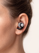 RESFIT Silicone Ear Plug worn in human ear showing black hook and white honeycomb cap